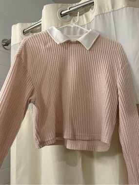 Pink Waffle Knit Sweater with White Collar